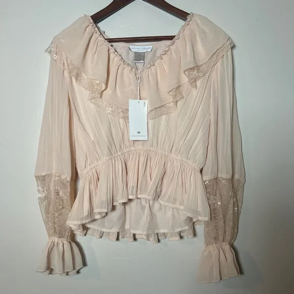 NWT Caroline Constas Peplum Blouse Womens Medium Pink Ruffle Lace Long Sleeve - Picture 1 of 5